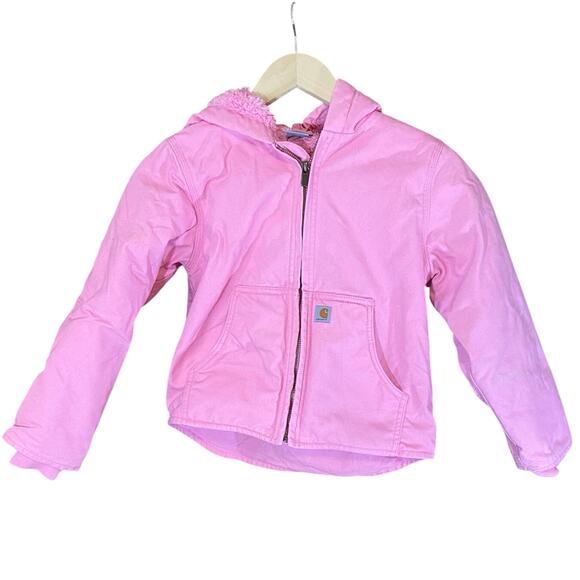 Carhartt Girls Pink Sherpa Lined Hooded Jacket Size Small 7/8 Active Workwear - Picture 1 of 8